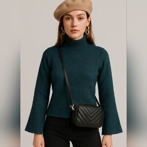 & Other Stories Sweater Mohair /Wool,Dark green Mock Neck, flared sleeve at hem